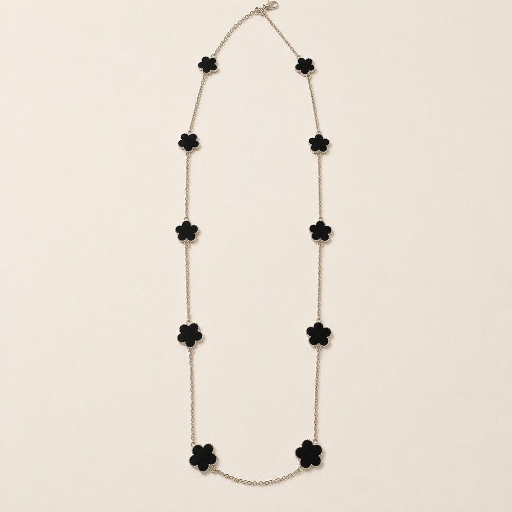 Jardin Black Enamel Flower Station Necklace Silver Tone 36” NWT